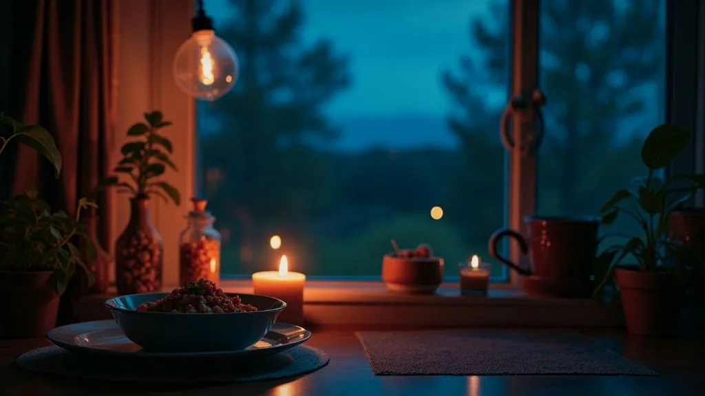 A cozy kitchen with hearty dishes displayed